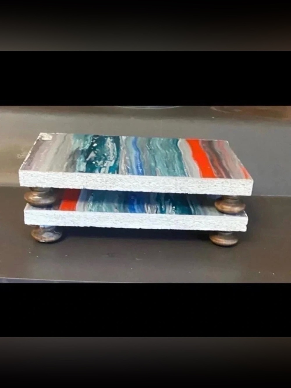 Hand Painted Set of 2 Shelf Sitters Footed Acrylic Reclaimed Wood Home Decor